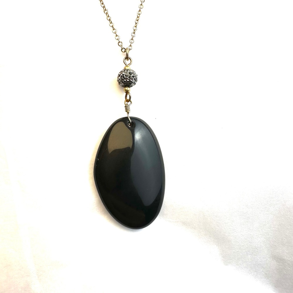 Black Stone Pendant‎ Necklace Silver Tone Chain Pave Bead Minimalist Boho 11in